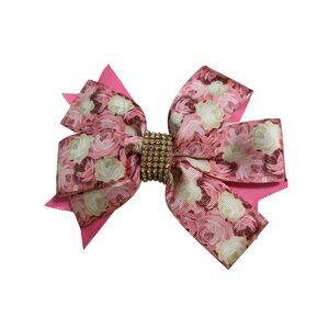 Floral Hair Bow Clip Rhinestone Center Pink Cream Rose Pattern Grosgrain Ribbon